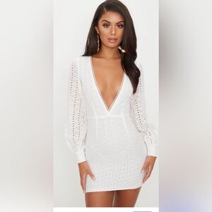 Pretty little thing white crochet lace puff sleeve bodycon dress.